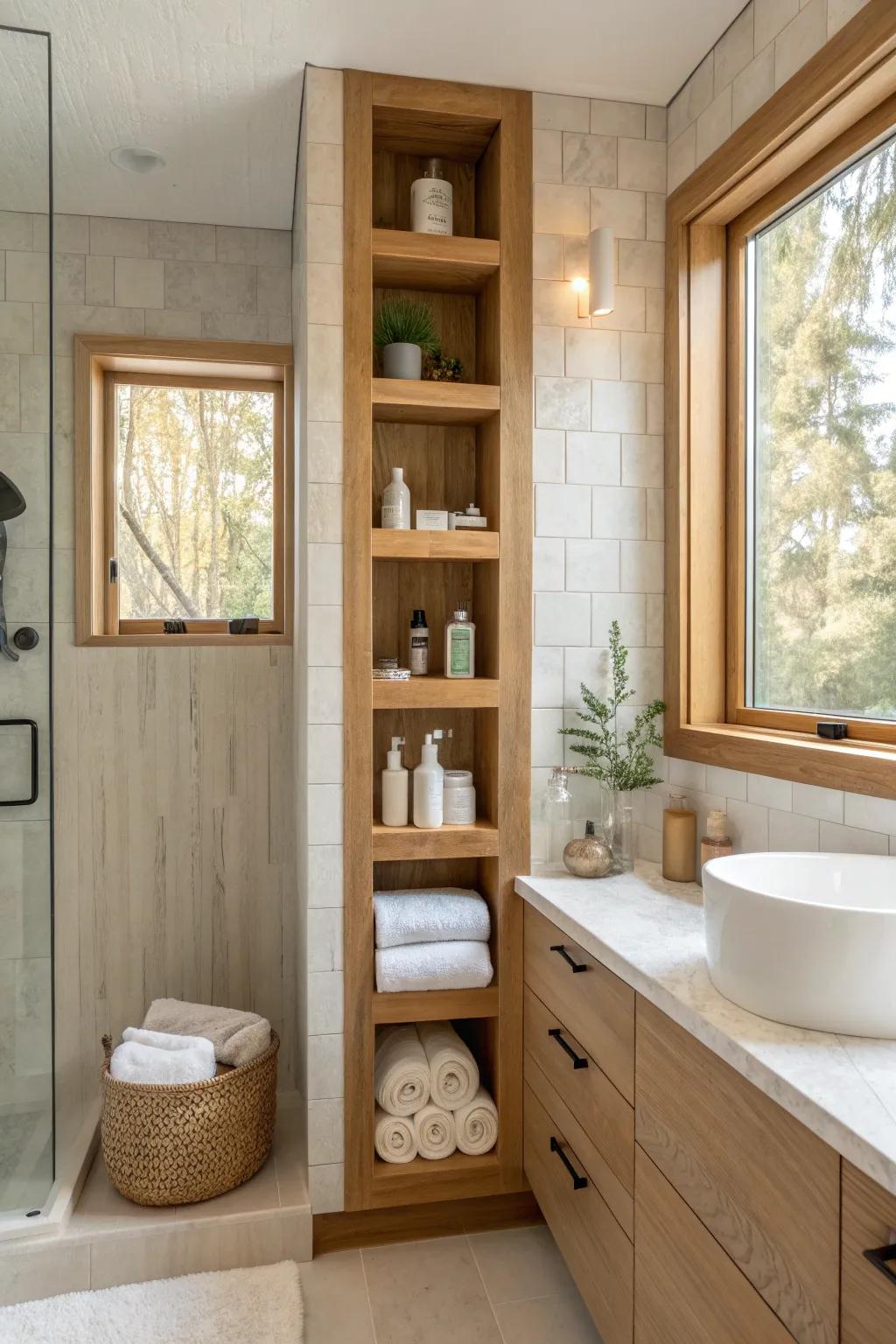 Elevated niches keep showers organized and clutter-free.