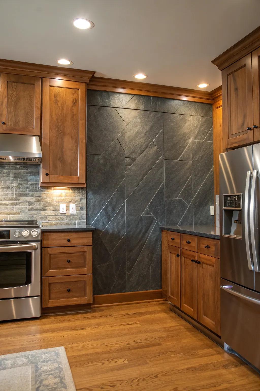 Elevate your kitchen design with a slate accent wall that adds a touch of chic modernity.