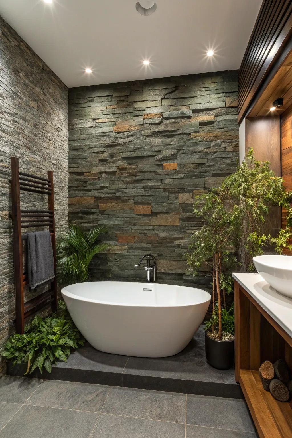 Create a luxurious oasis with a freestanding bathtub against a stunning slate backdrop.