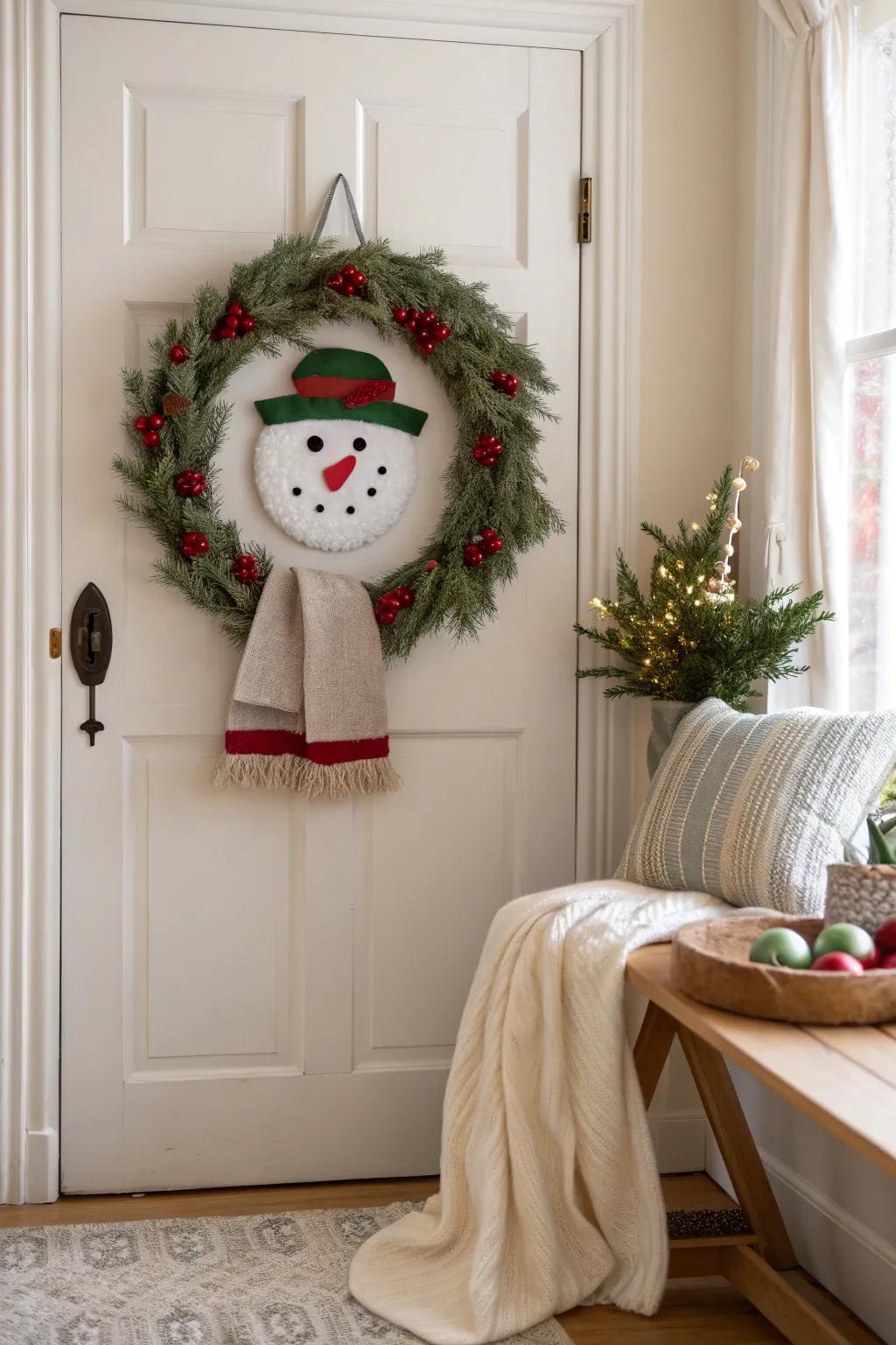 Bring joy with a felt snowman wreath that welcomes with a smile.