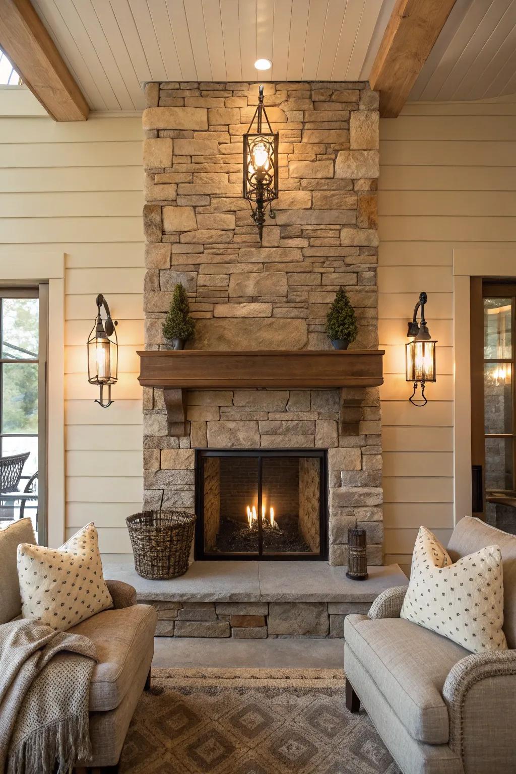 Warm up your space with ambient lighting that highlights your fireplace's beauty.