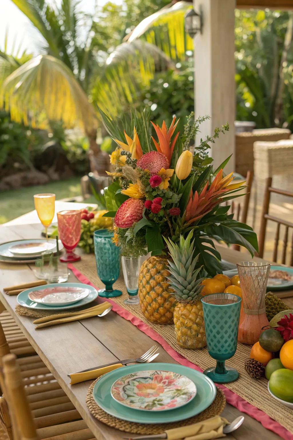 Turn your table into a tropical paradise with vibrant colors and decor that transport you to a summer getaway.