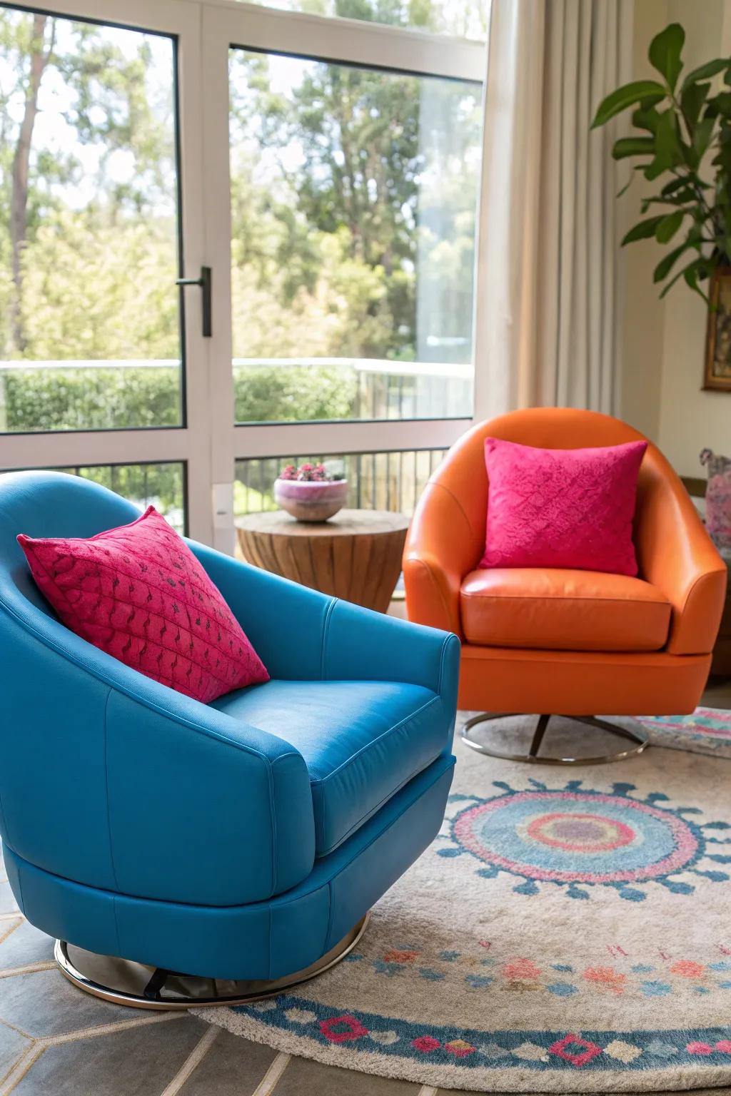 Balance with a twist – contrasting swivel chairs for dynamic harmony.