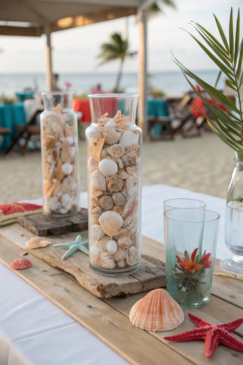 Seashell-filled vases bring the serene beauty of the beach to your table.