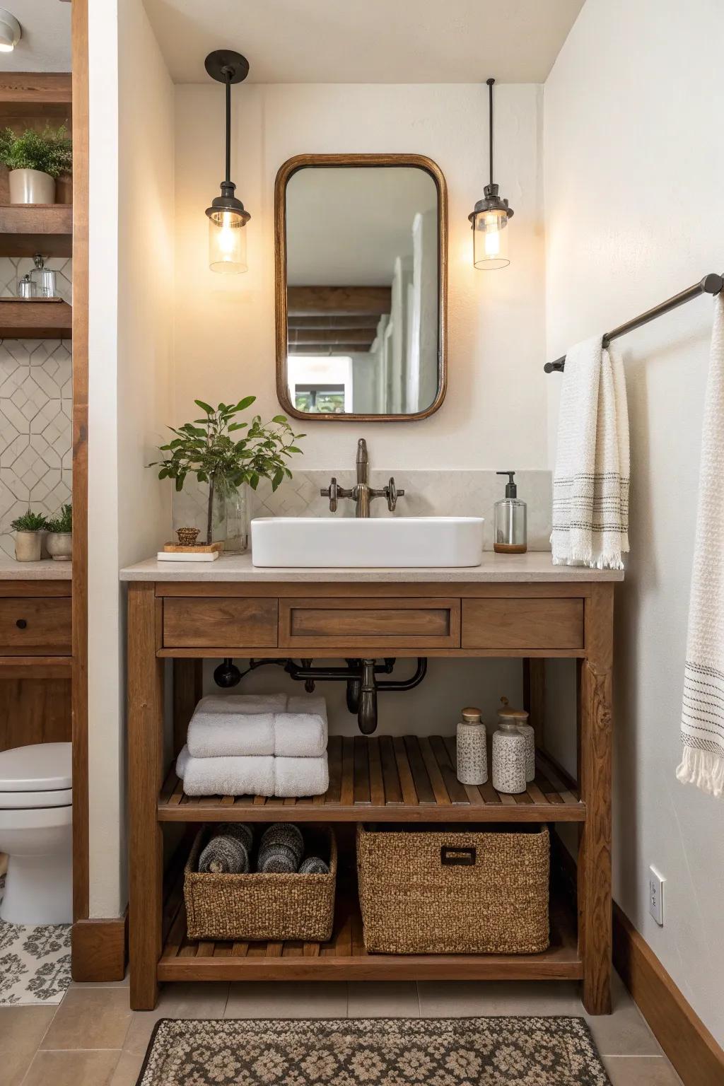 Mirrors under the sink add a touch of glamour while cleverly concealing pipes.
