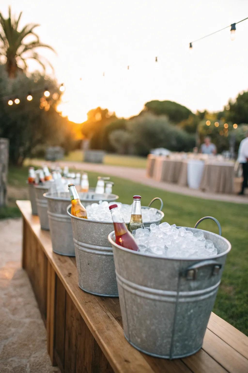 Add a touch of style to your wedding with galvanized buckets that chill drinks to perfection.