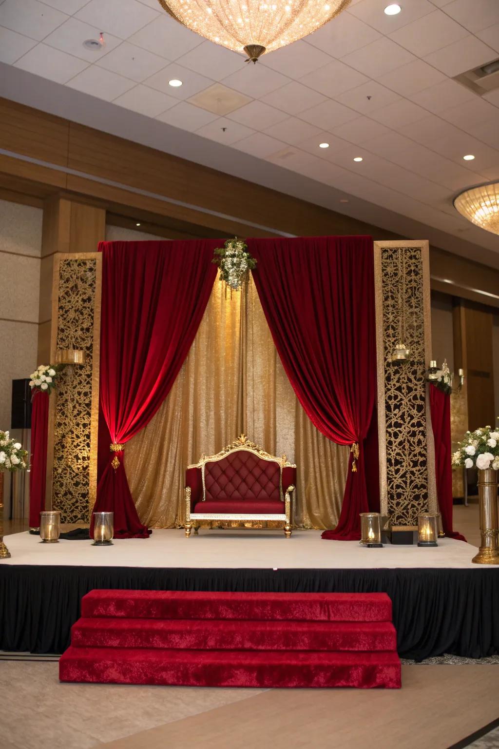 A bold color palette transforms your wedding stage into a vibrant and unforgettable setting.