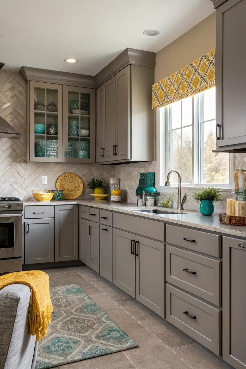Create a neutral and balanced kitchen design with taupe walls that complement gray cabinets.