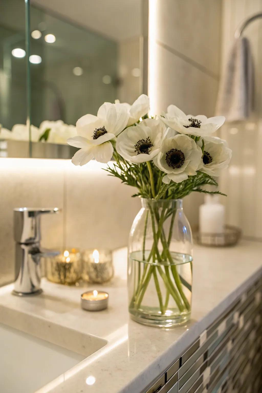 Clean elegance: White anemones in a clear vase offer a minimalist touch to any space.