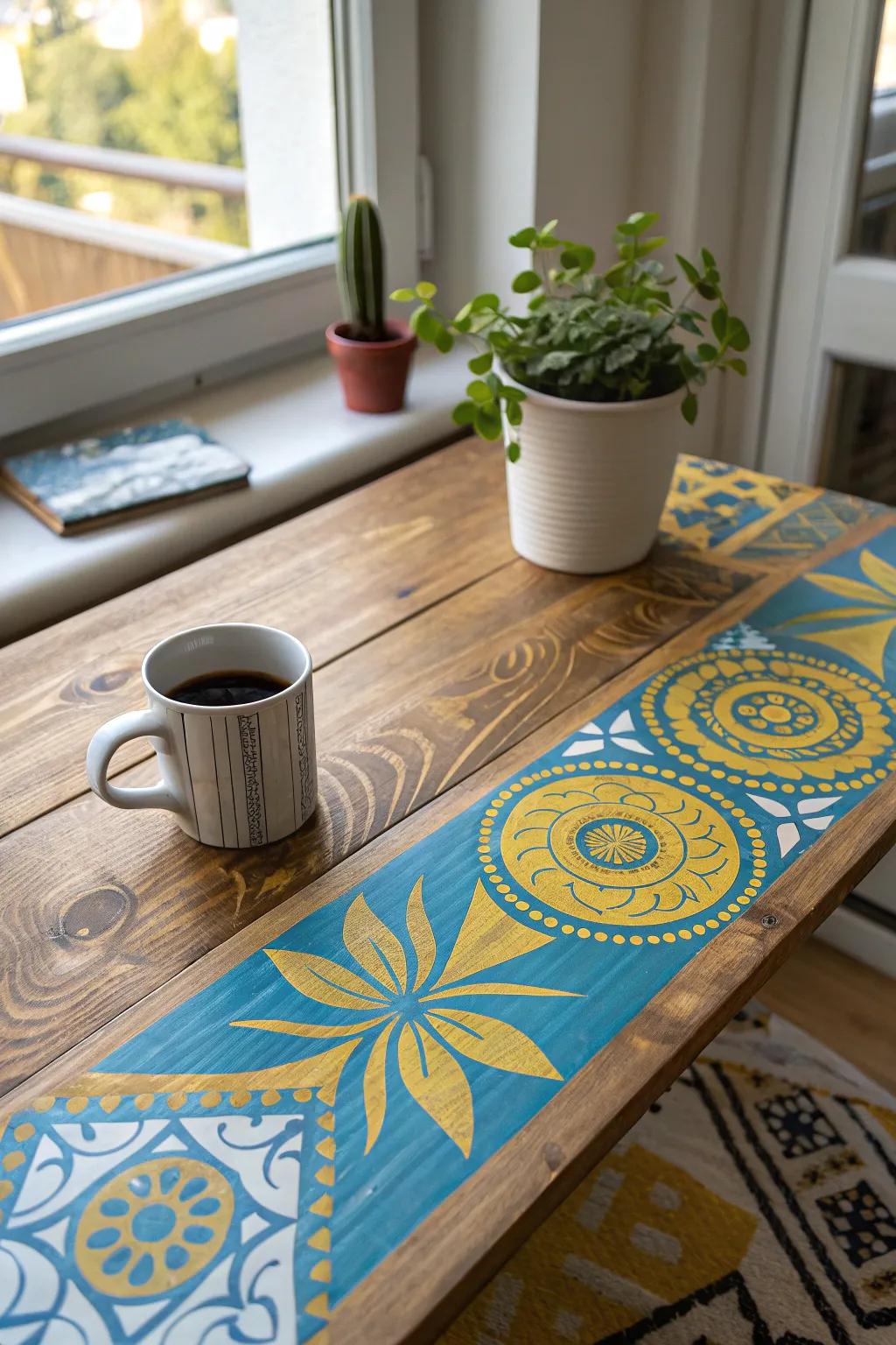 Revitalize your space with painted table patterns that add a splash of creativity and fun.