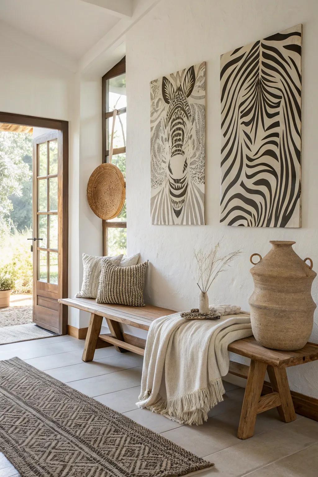 A zebra print accent wall adds drama and depth to your living room decor.