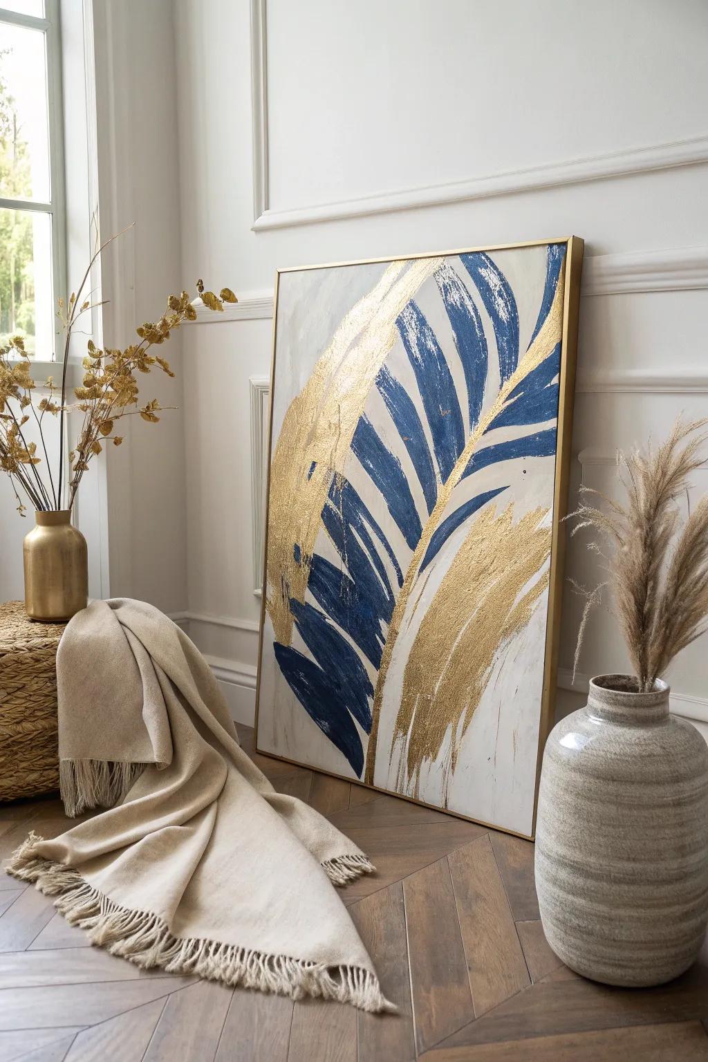 Vibrant brush strokes and gold leaf create a lively dance of color and texture.