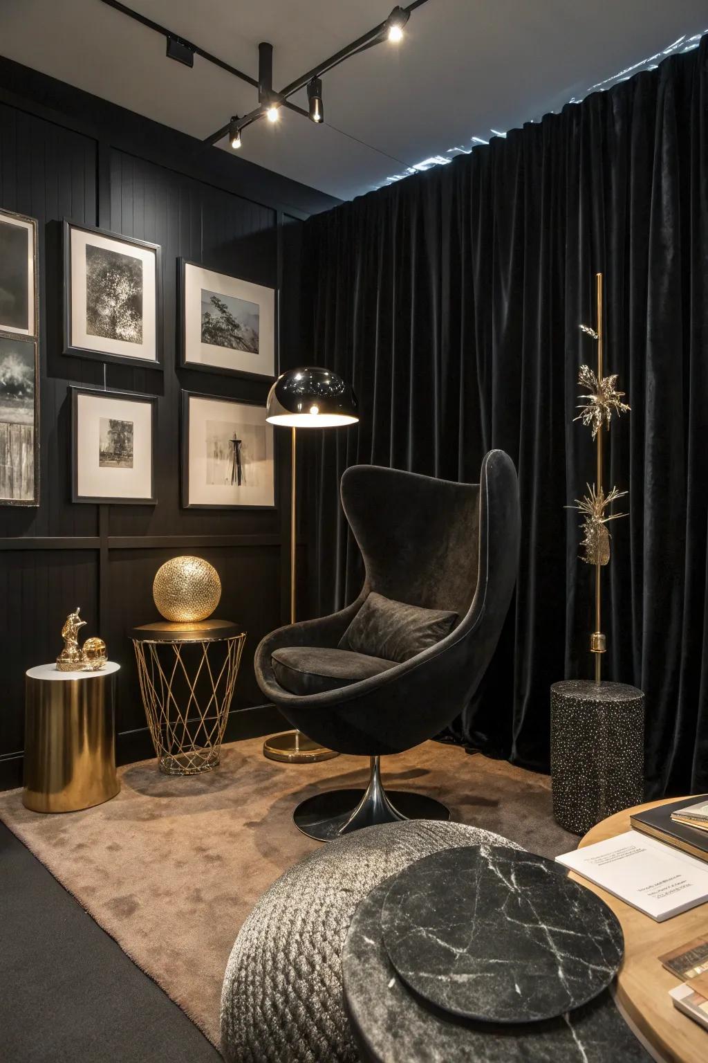 Sculptural furniture acts as an art piece, adding intrigue to this all-black room. #ArtisticDesign #ModernLiving