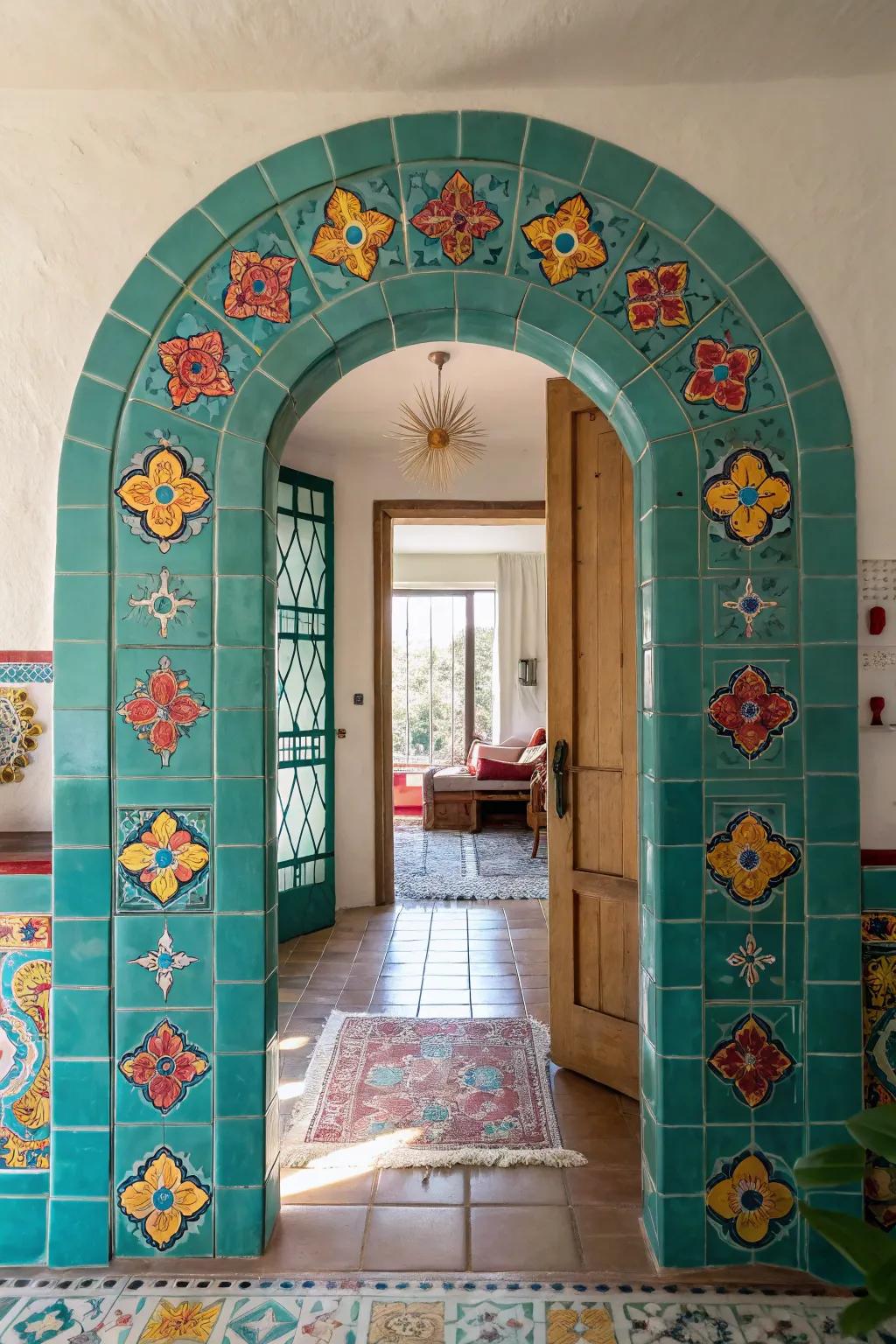 Add a pop of color and personality with tiled arched doorways. #CreativeDesign #TiledBeauty #UniqueSpaces