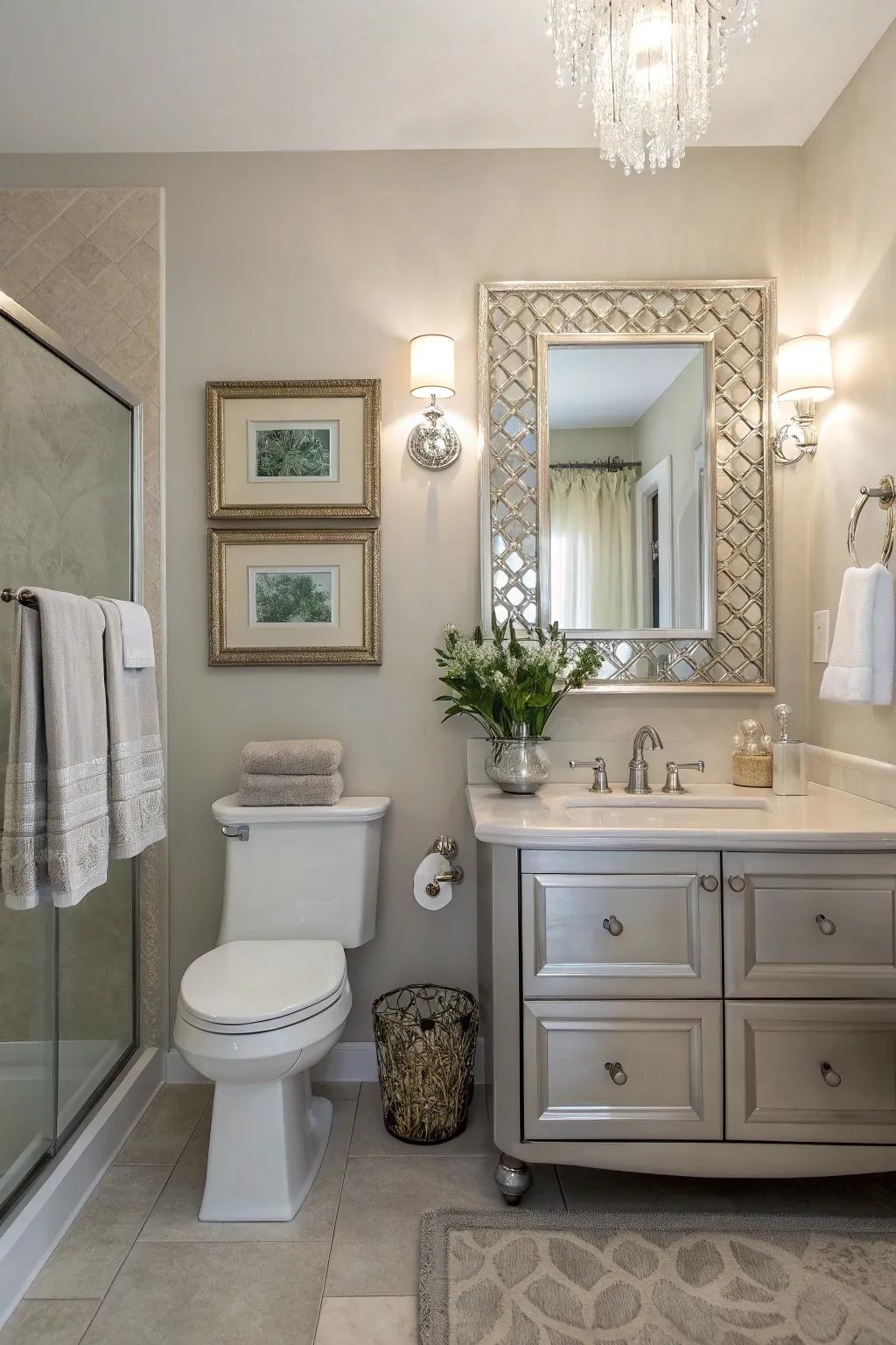 Mirrored art adds dimension and reflects light, enhancing the bathroom's spaciousness.