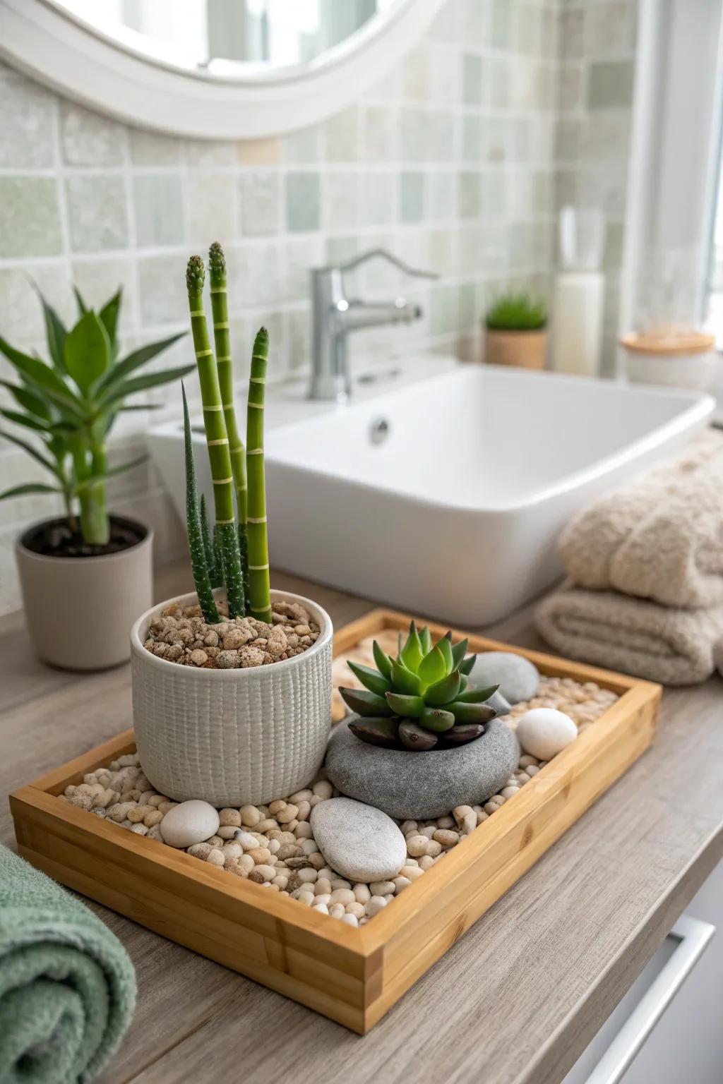 Transform your bathroom into a haven of tranquility with a mini zen garden. 🌿 #Relaxation #ZenLiving