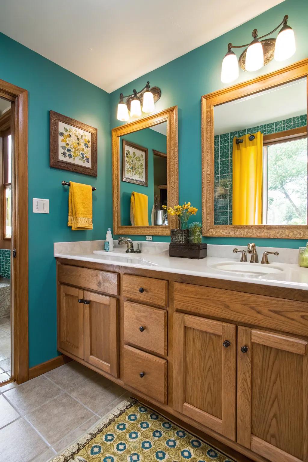 A double vanity with oak cabinets provides ample storage and functionality, ideal for shared spaces.