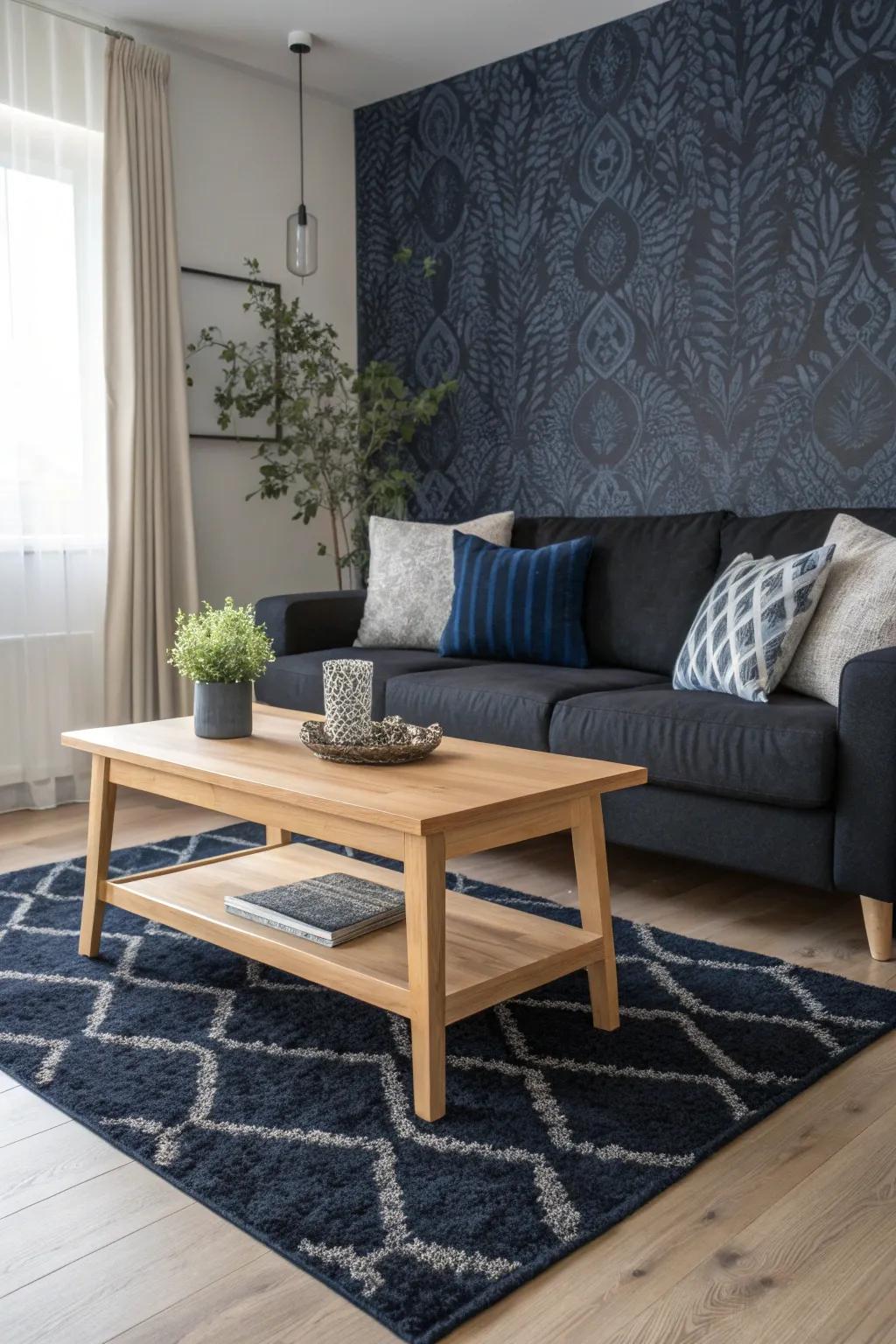 Patterns in black and blue add a storytelling element to your living room decor. 🎨 #PatternPlay #HomeStyling