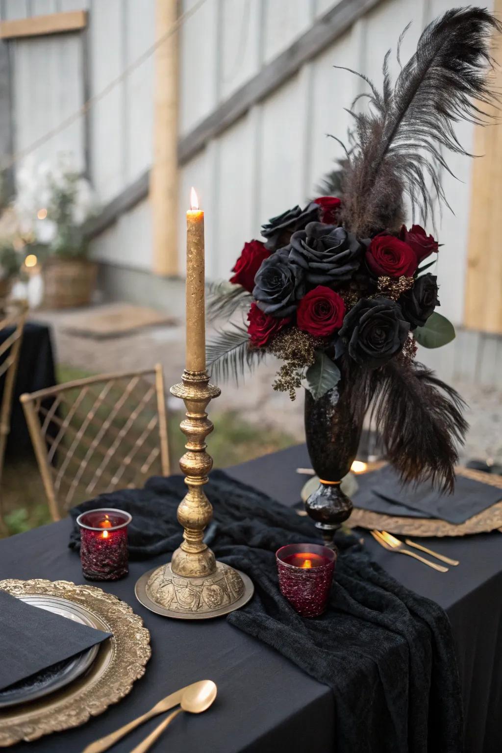 Create a mystical gothic ambiance with dark florals and antique accents on a black tablecloth.
