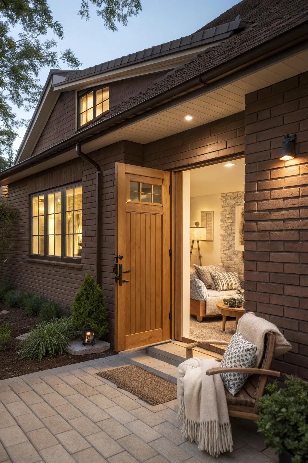 Feel the warmth with chocolate brown siding and light brick.