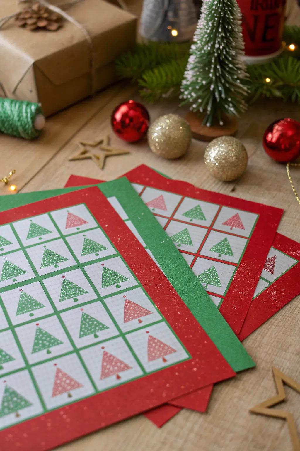 Bring the festive spirit to life with Christmas tree pattern bingo cards.