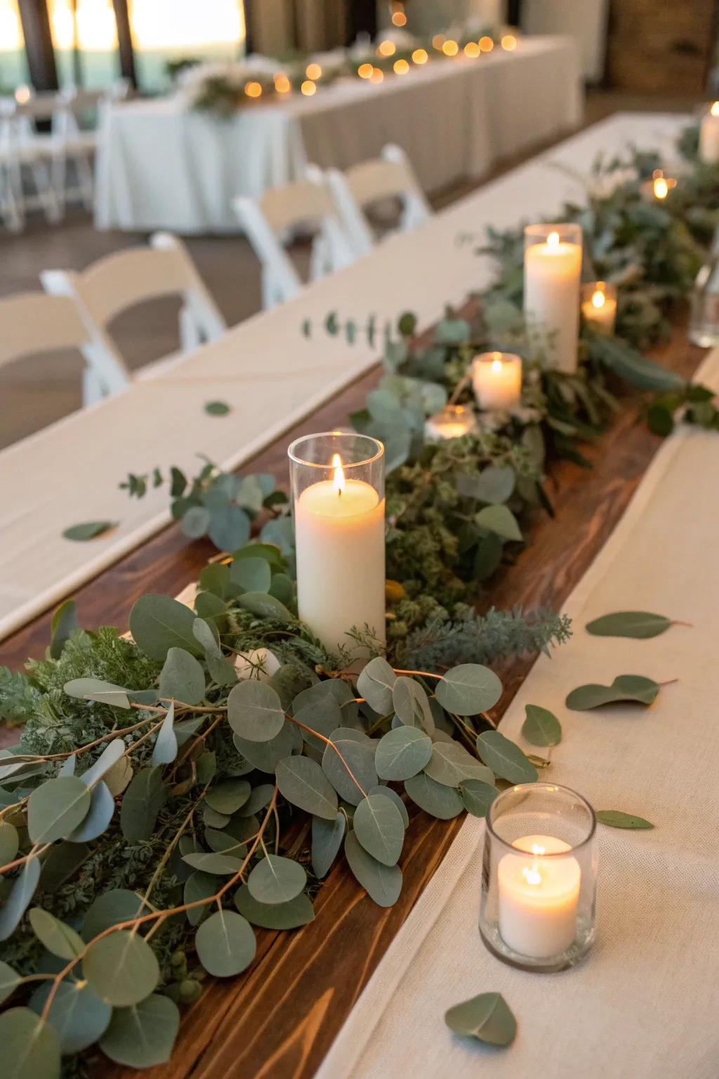 Eucalyptus and candles create a fragrant and soothing centerpiece perfect for any coastal setting.