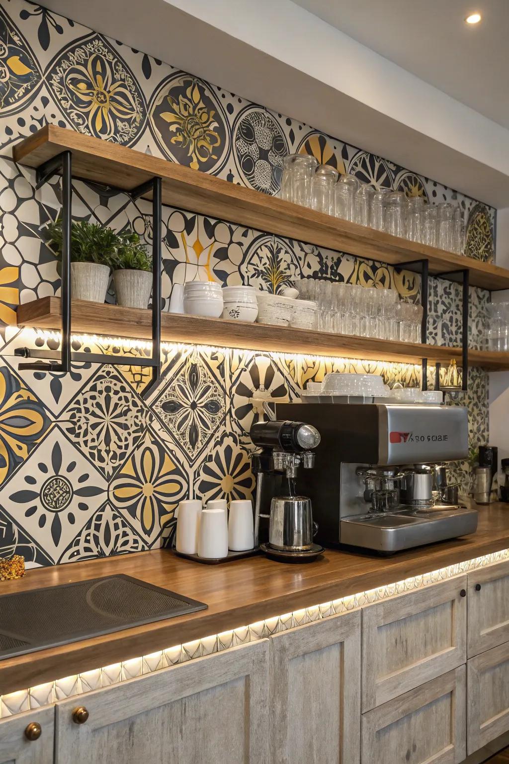 Make a statement with patterned cement tiles that elevate your coffee bar.