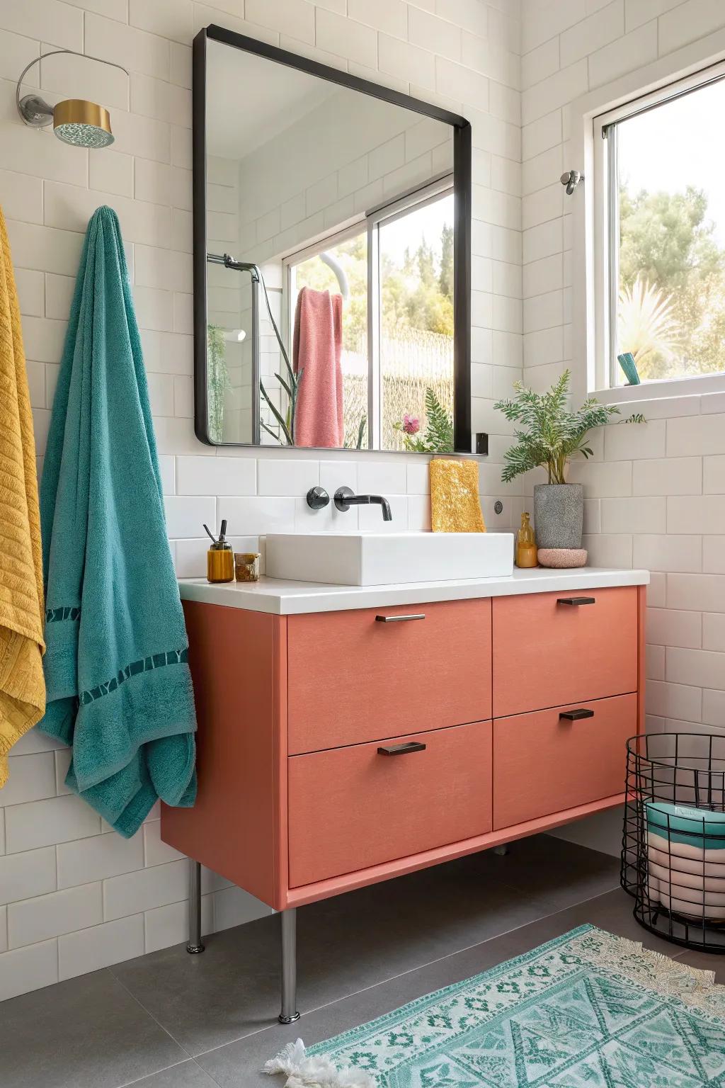 Coral brings warmth to a minimalist bathroom without compromising simplicity.