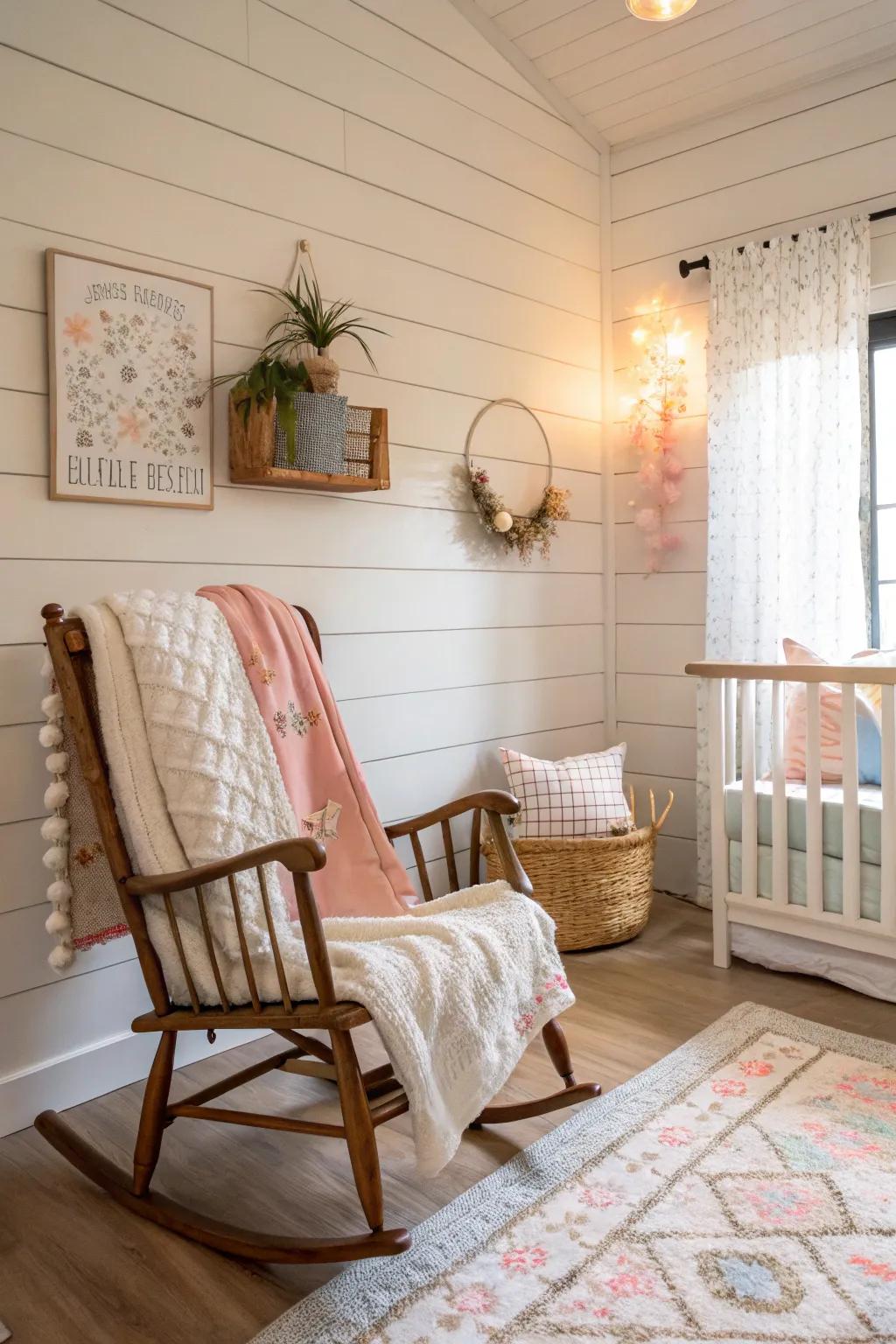 Shiplap walls bring architectural charm and rustic texture to your nursery.