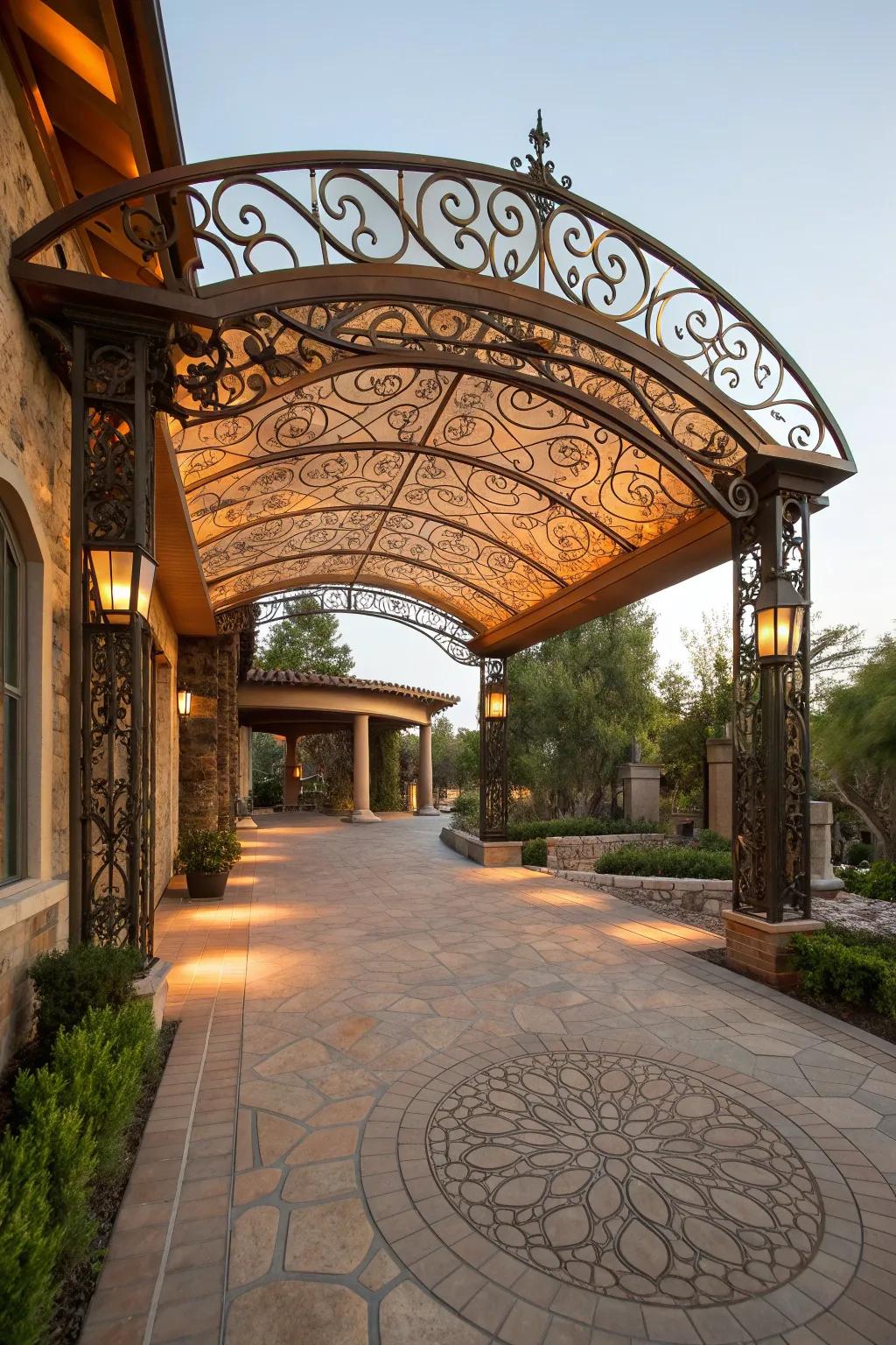 Make a statement with an artistic metalwork canopy, where functionality meets art.
