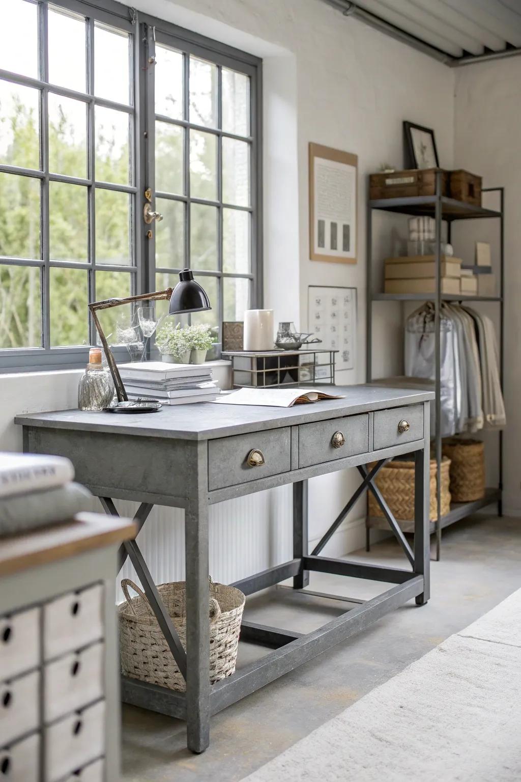 Achieve an industrial chic look with cool grays and metallic accents, perfect for a sleek craft room design.