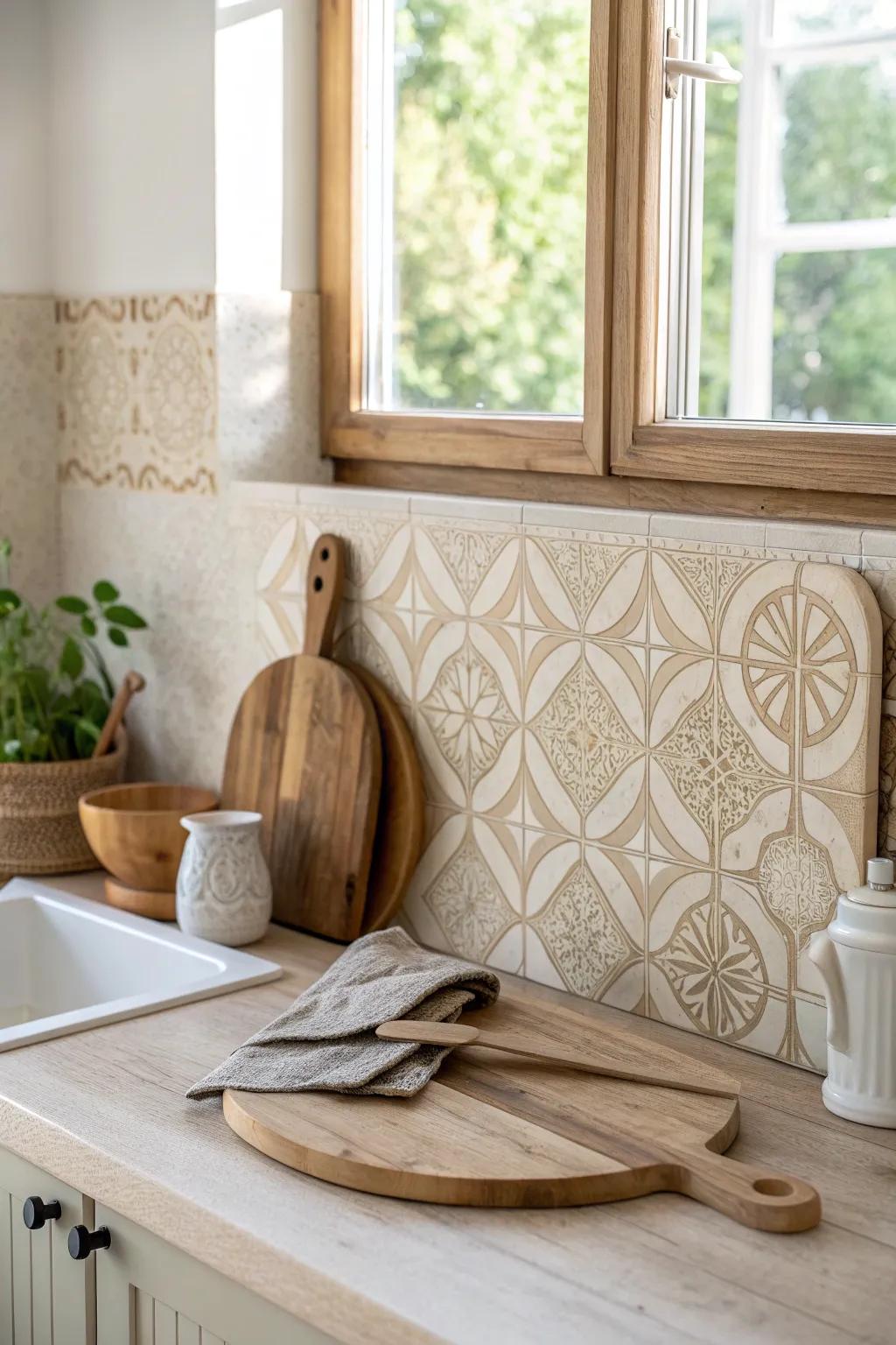 Stay trendy with a modern geometric cream backsplash design.