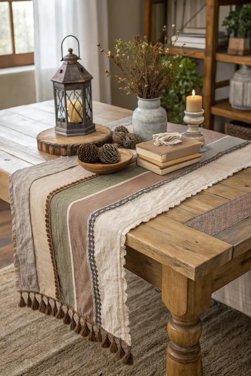 Layer your decor with textured fabrics to add depth and interest to your farmhouse end table.
