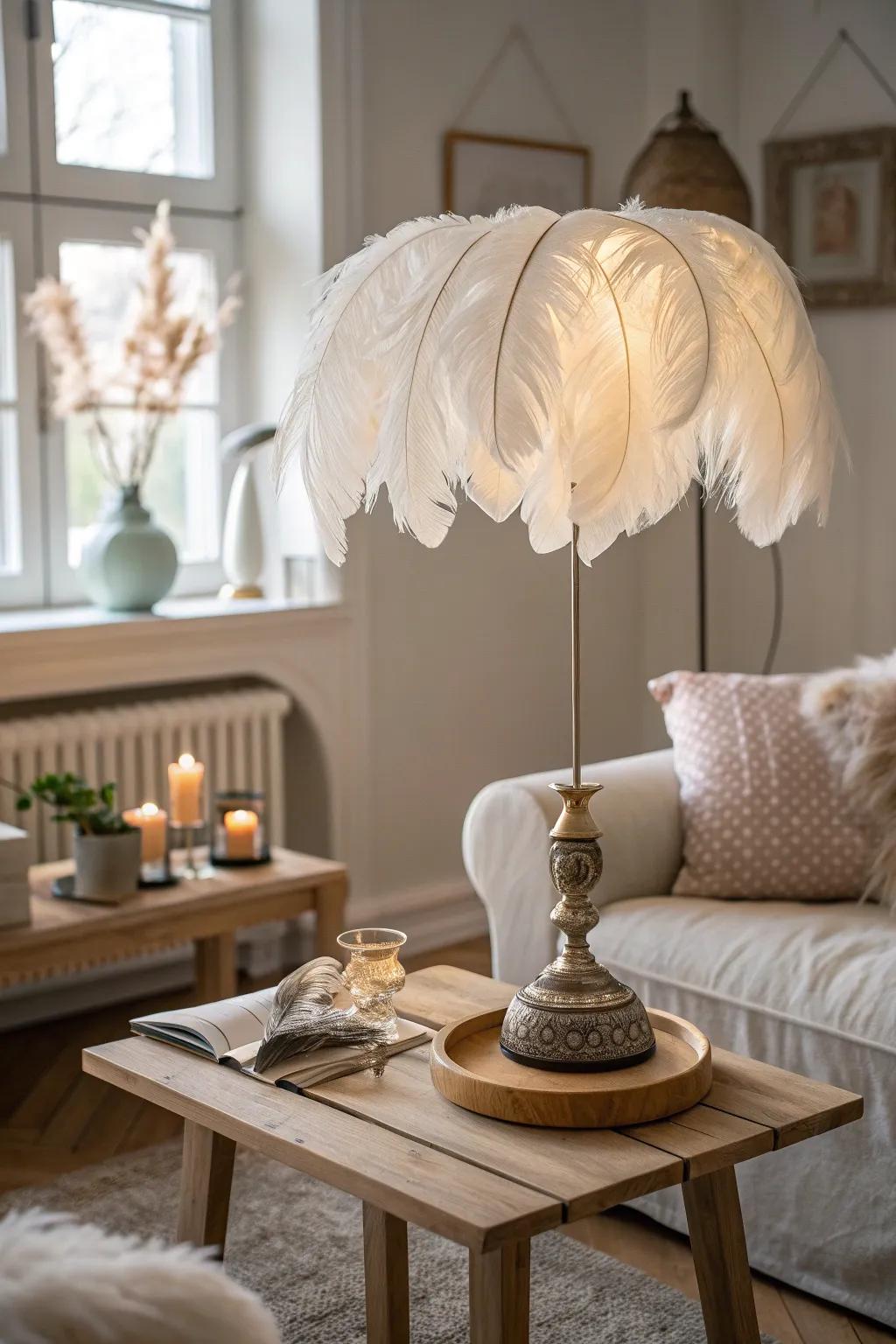 Brighten your space with a feather lampshade that's both cozy and stylish.