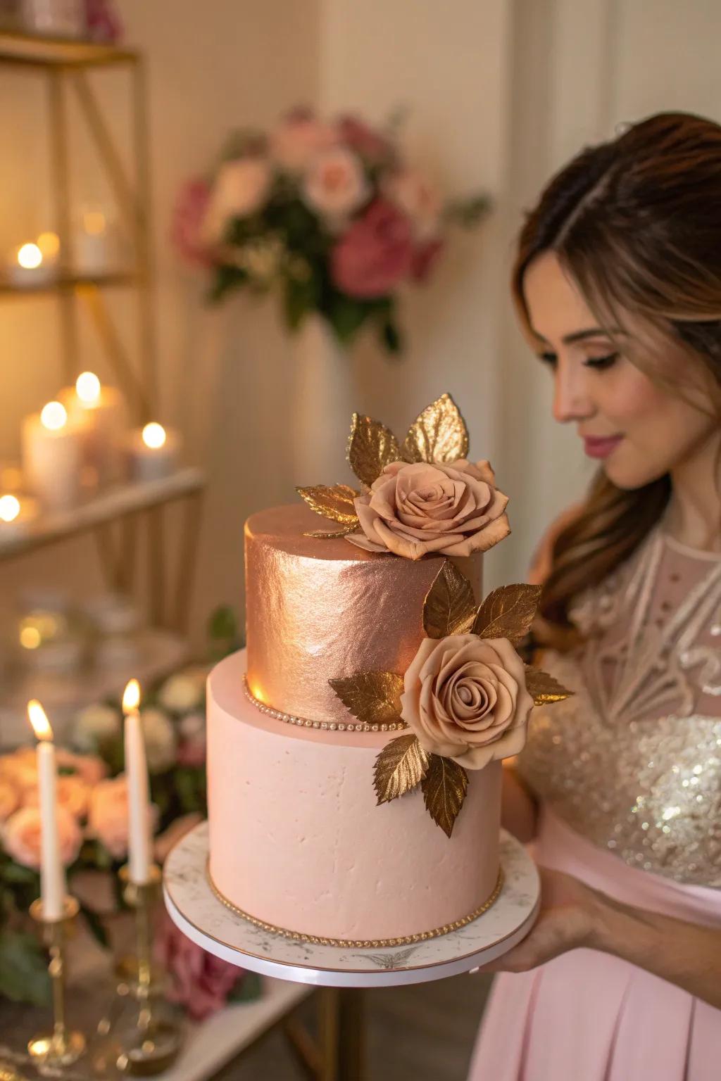 Transform your cake into a masterpiece with luxurious rose gold leaf details.