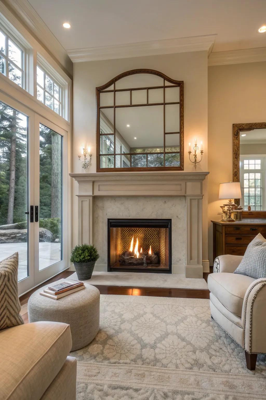 Reflect light and expand your space with a mirrored fireplace surround that dazzles.
