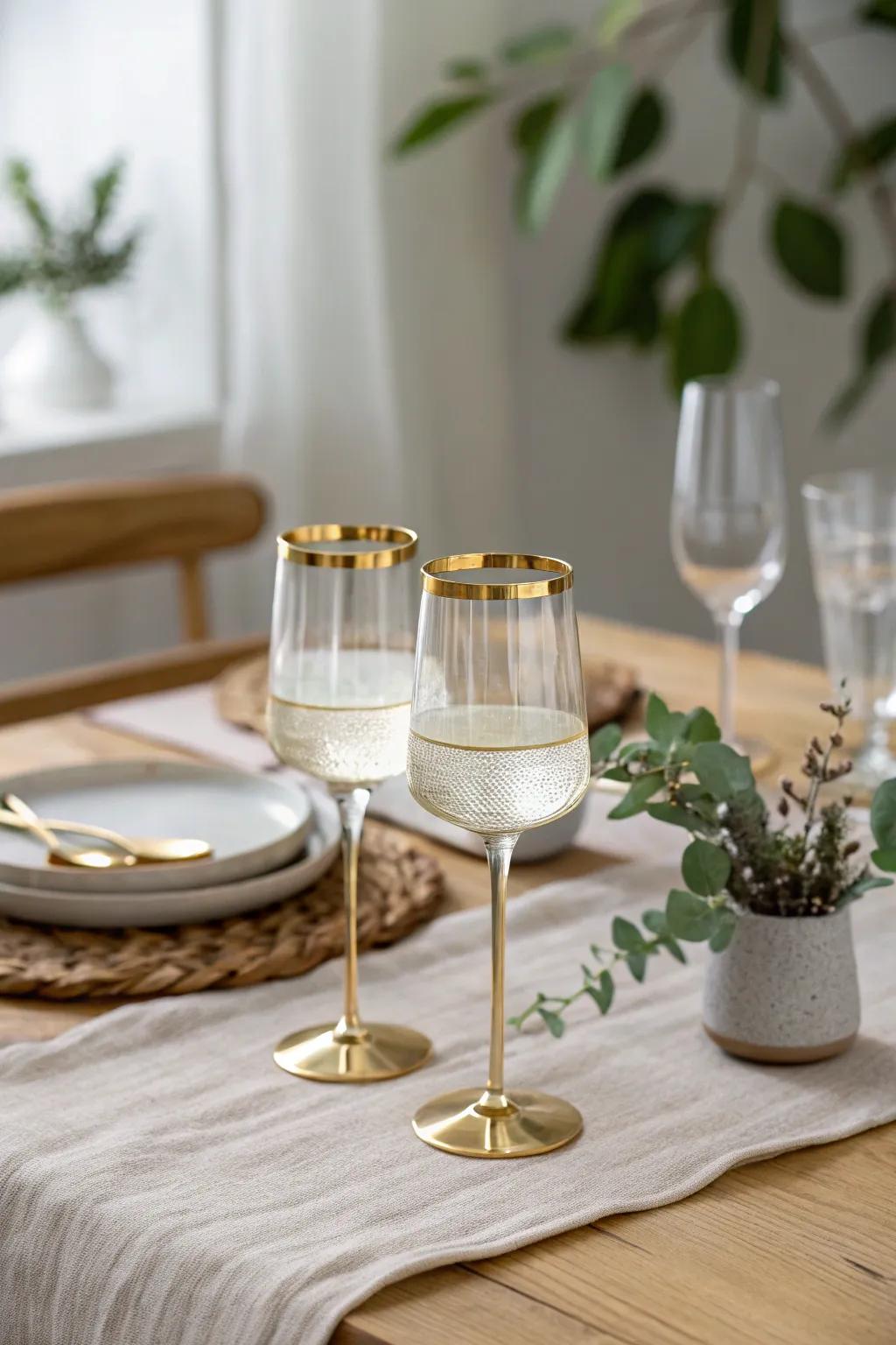 Elegant gold-rimmed glasses elevate your dining experience, making every sip special. #GlasswareElegance #DiningInStyle