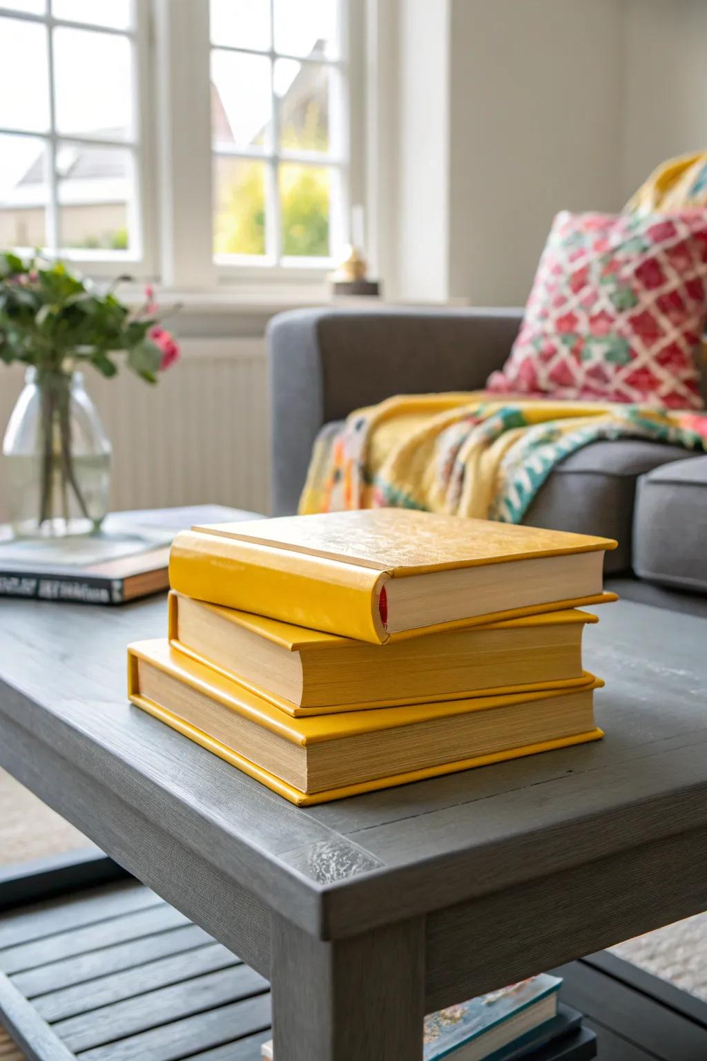 Balance sophistication and color with yellow books on a chic grey coffee table.