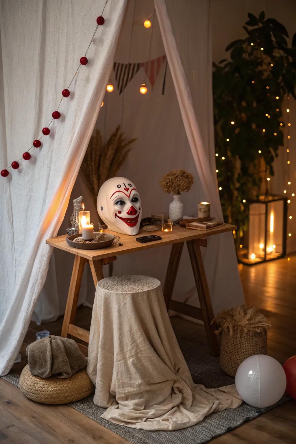 Intrigue your guests with a haunted clown fortune teller setup. 🔮 #HalloweenMystery #ClownFun
