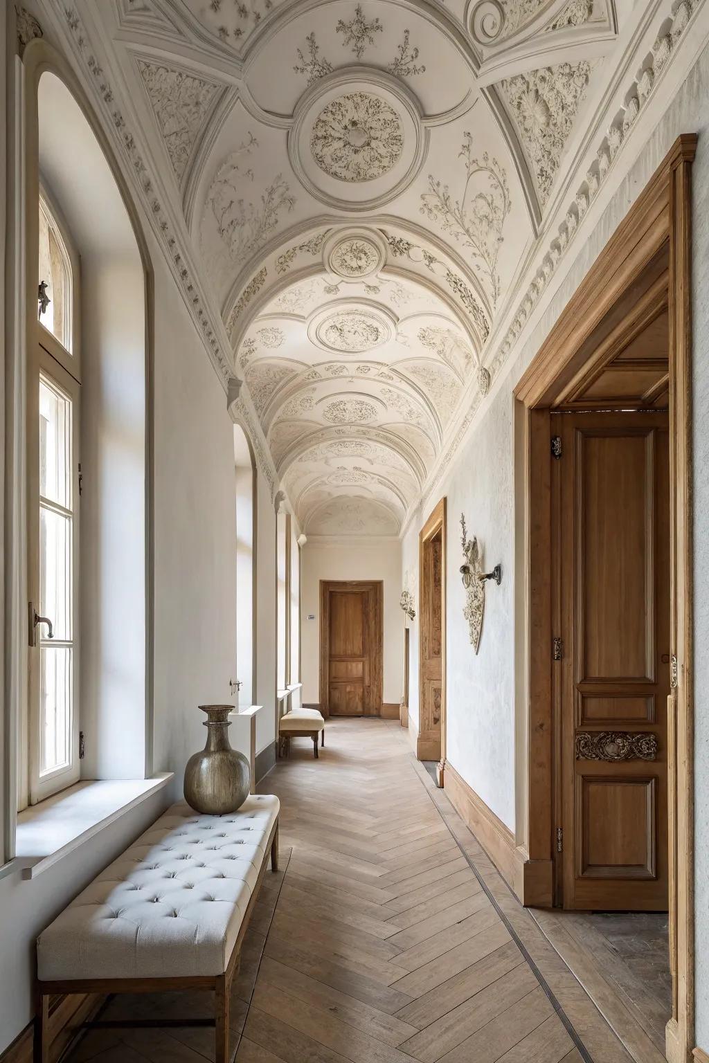 Look up! Ceiling moldings add an unexpected layer of charm to your hallway.