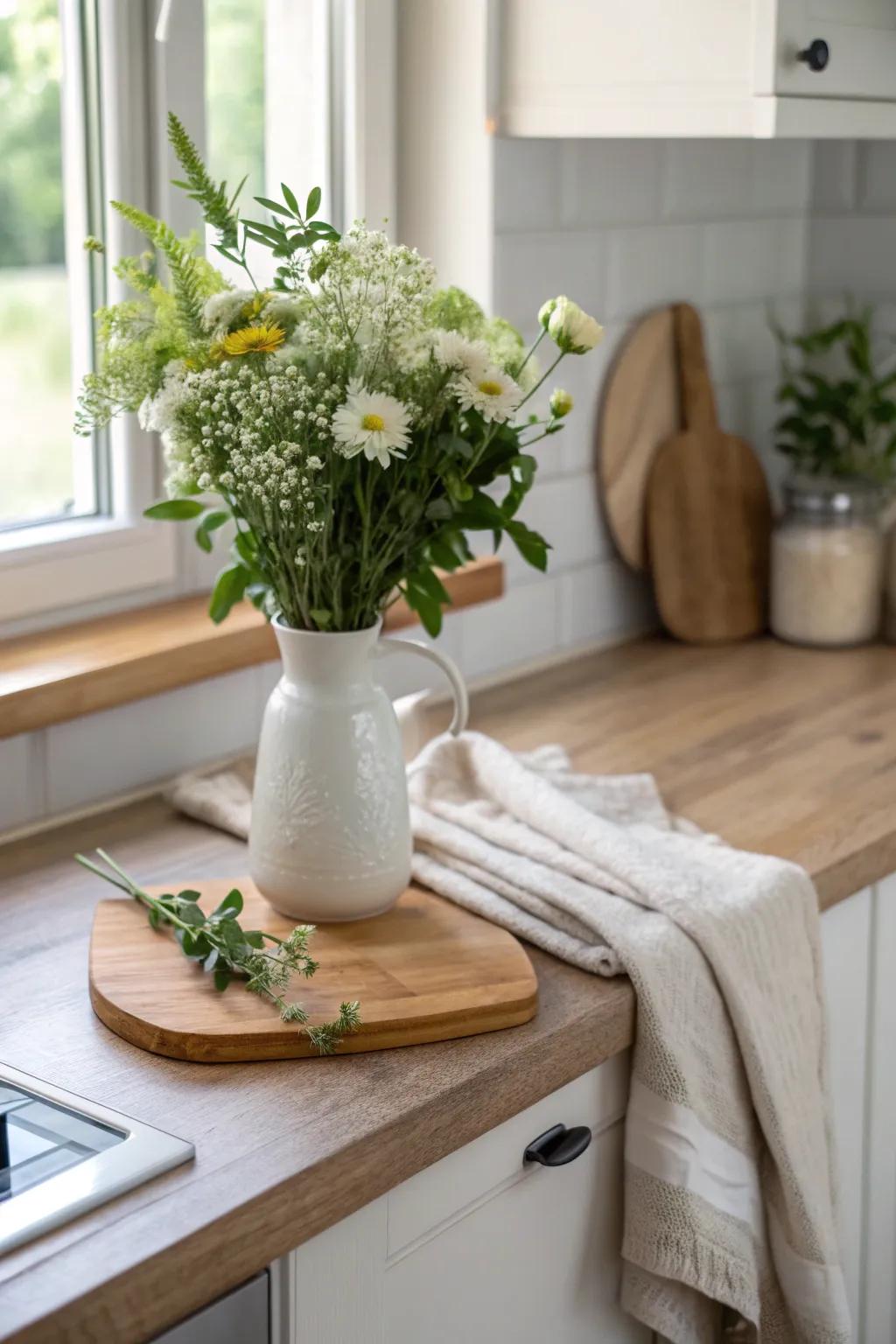 Brighten your kitchen with the beauty of fresh blooms. #FreshFlowers #KitchenCharm