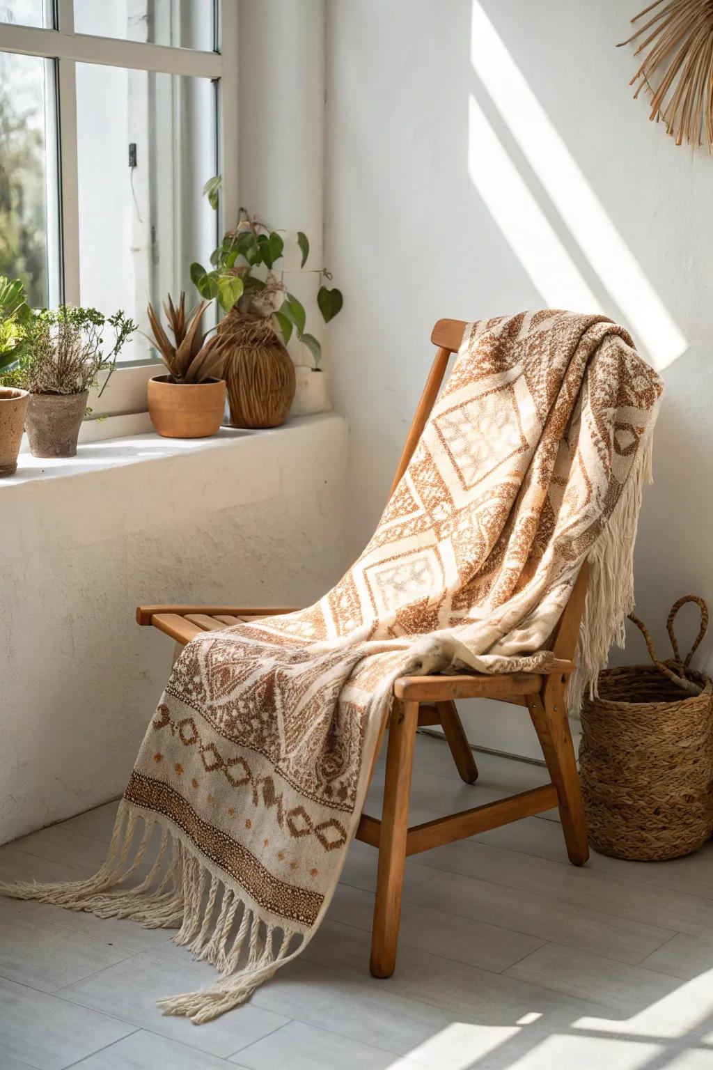 Tapestries draped over chairs add warmth and a touch of global inspiration.