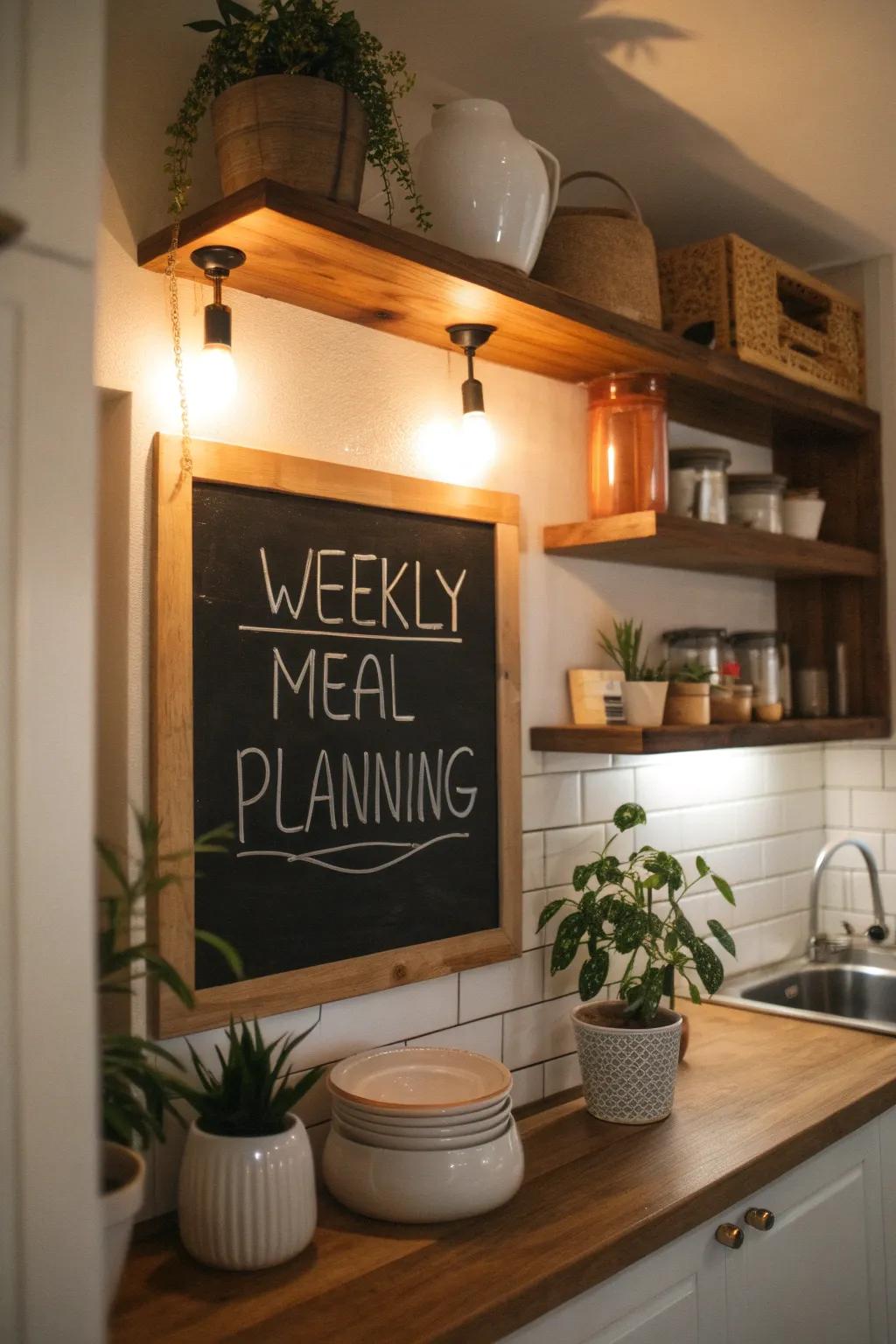 Plan your meals ahead with a chalkboard weekly planner that simplifies your cooking routine.