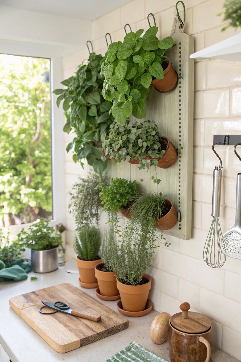 Spruce up your kitchen with a vertical herb garden for fresh flavors and greenery. 🌿 #HerbGarden #FreshFlavors