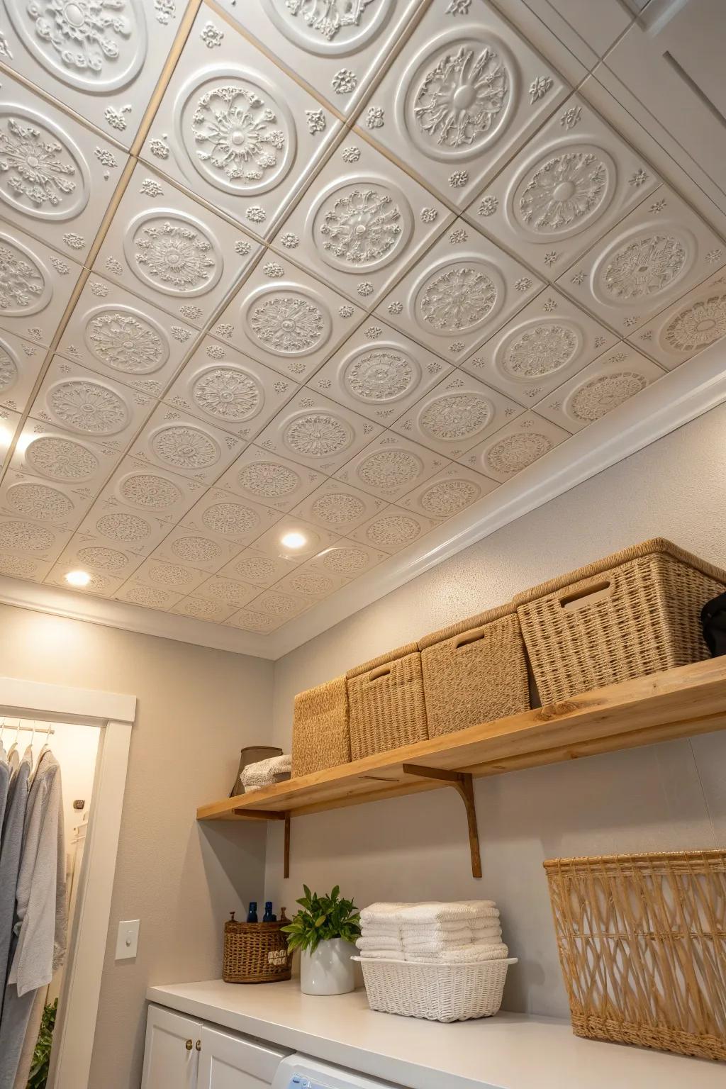 Add texture and character to your laundry room with decorative ceiling tiles. 🏡 #VintageVibes #CeilingDesign