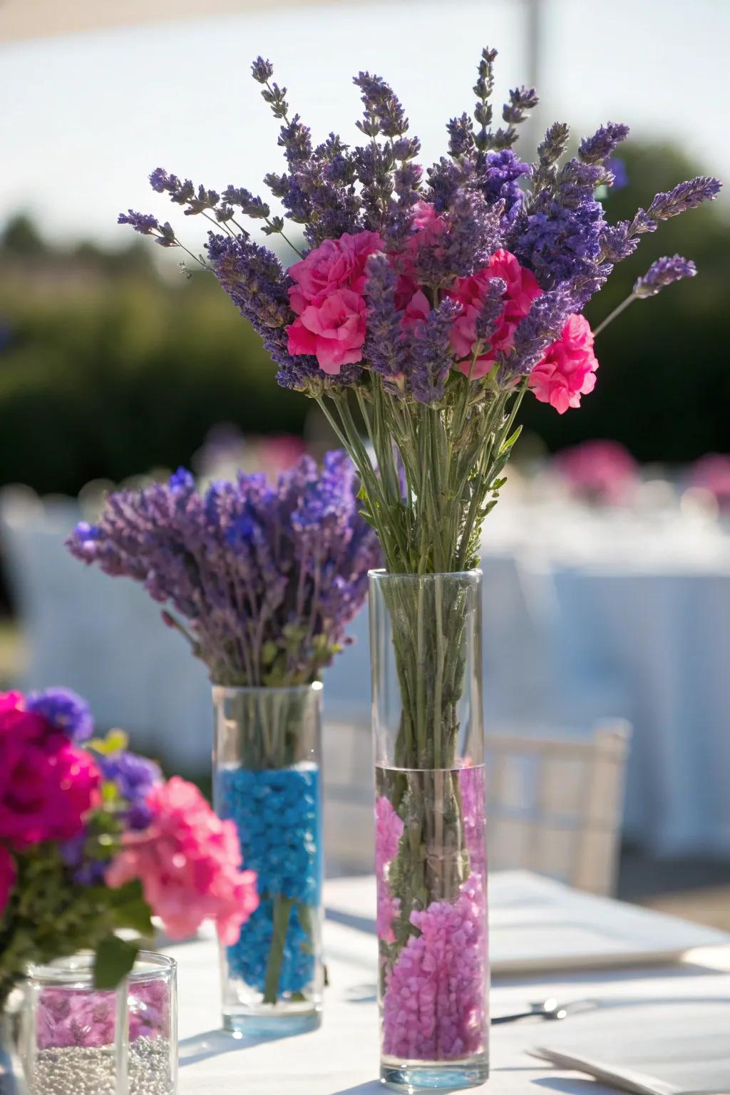 Clear glass vases showcase the simple elegance of lavender in your wedding decor.