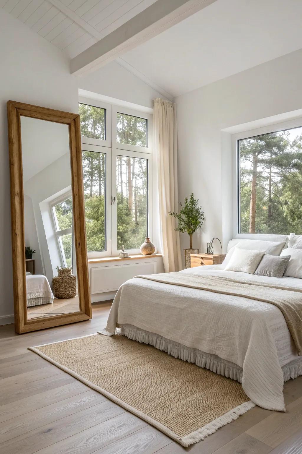 Mirrors amplify brightness and depth, enhancing the airy feel.