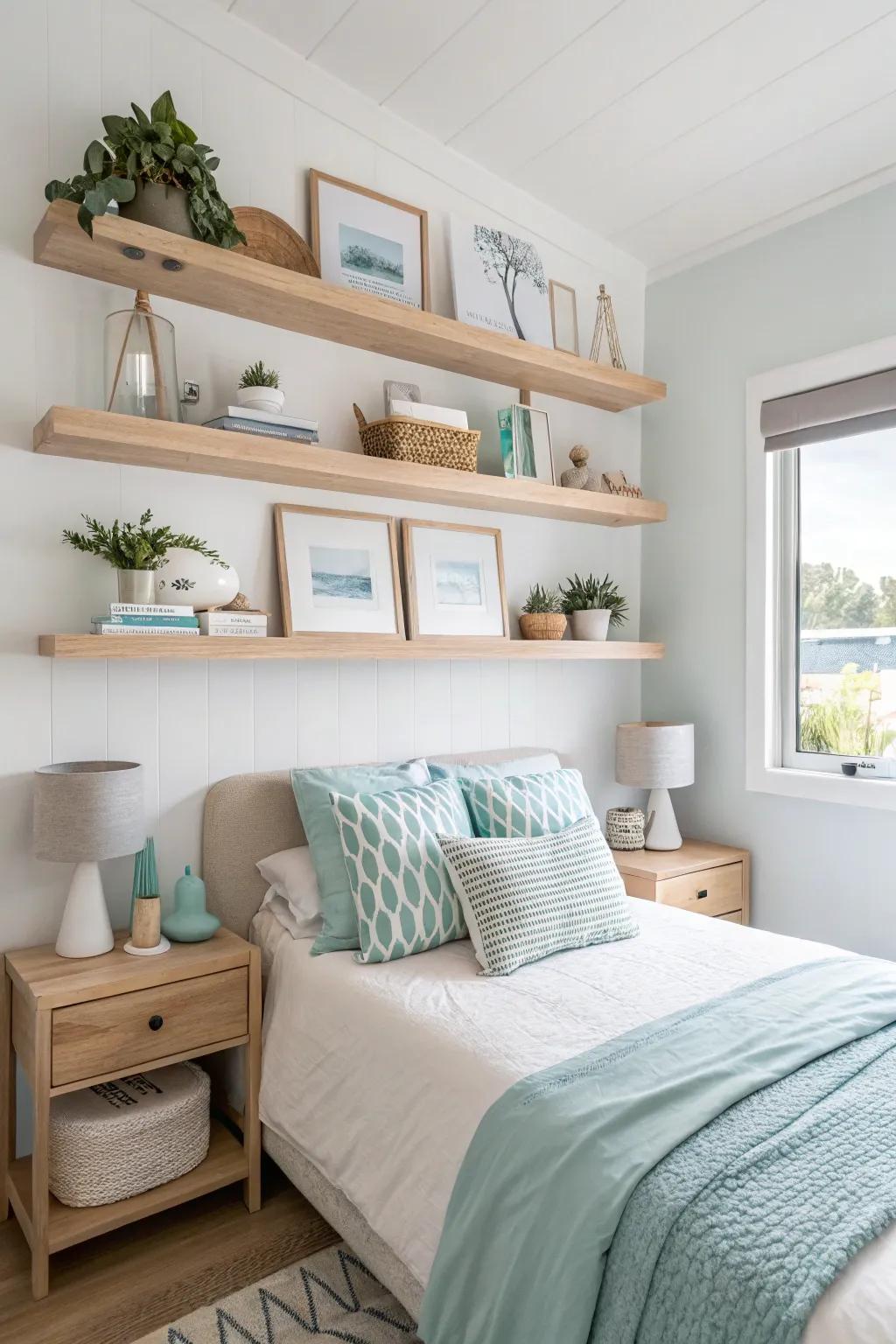 Floating shelves provide practical storage while maintaining an airy feel.