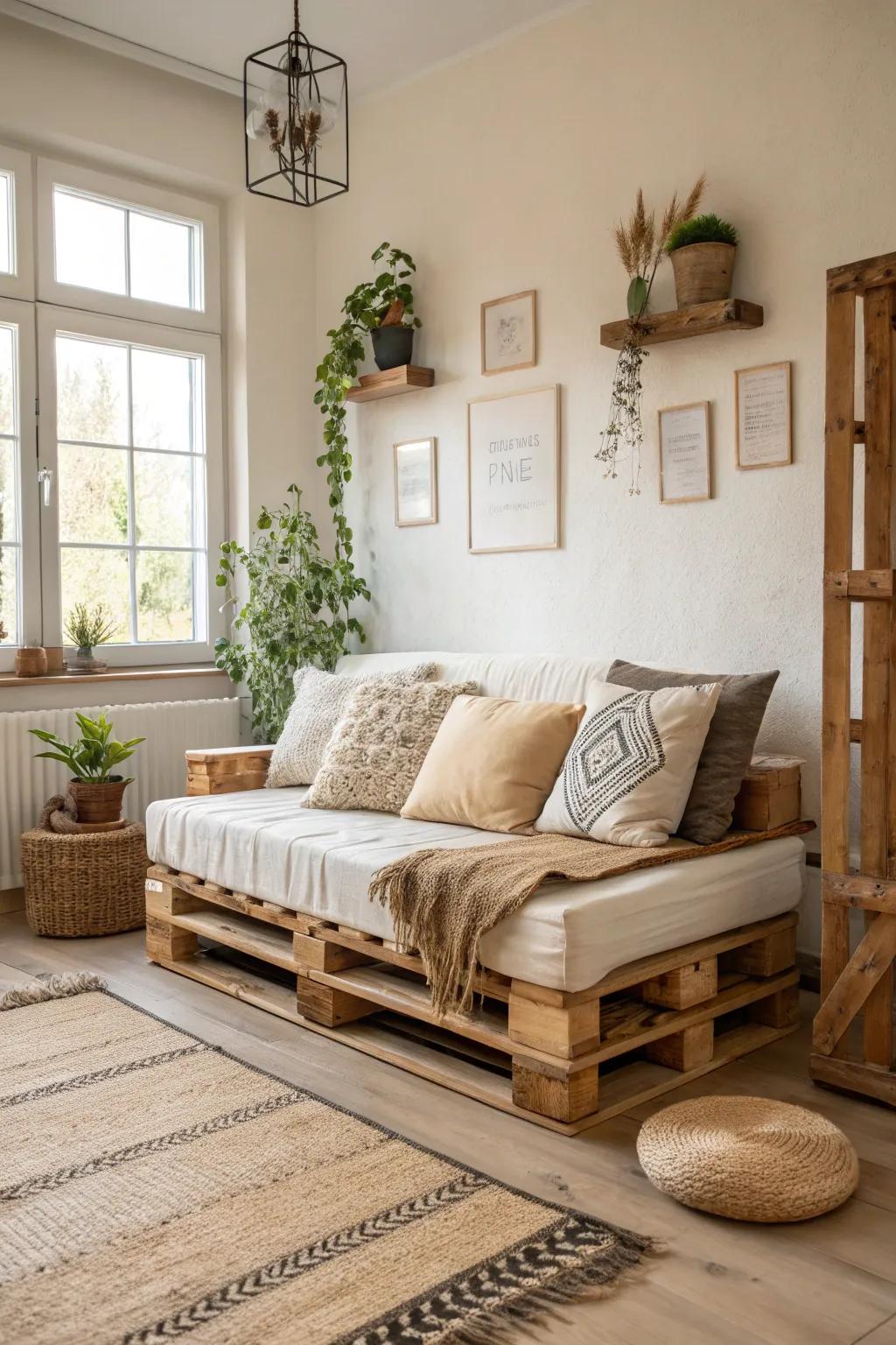 Make a bold statement with uniquely designed pallet sofa backrests.