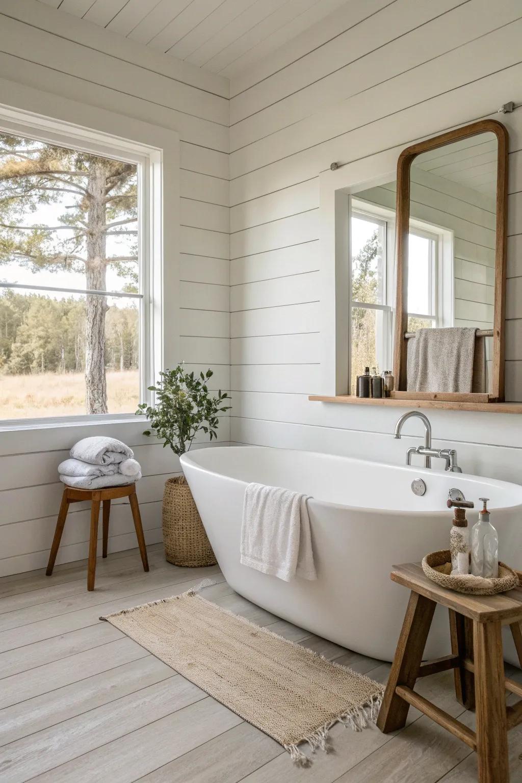 Shiplap walls provide a charming, rustic backdrop for your bathroom. 🌞 #Shiplap #BathroomDecor